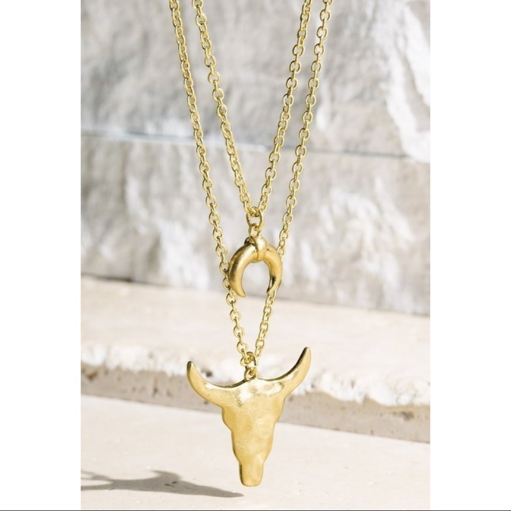 Gold Colored Bull Head And Horn Necklace
